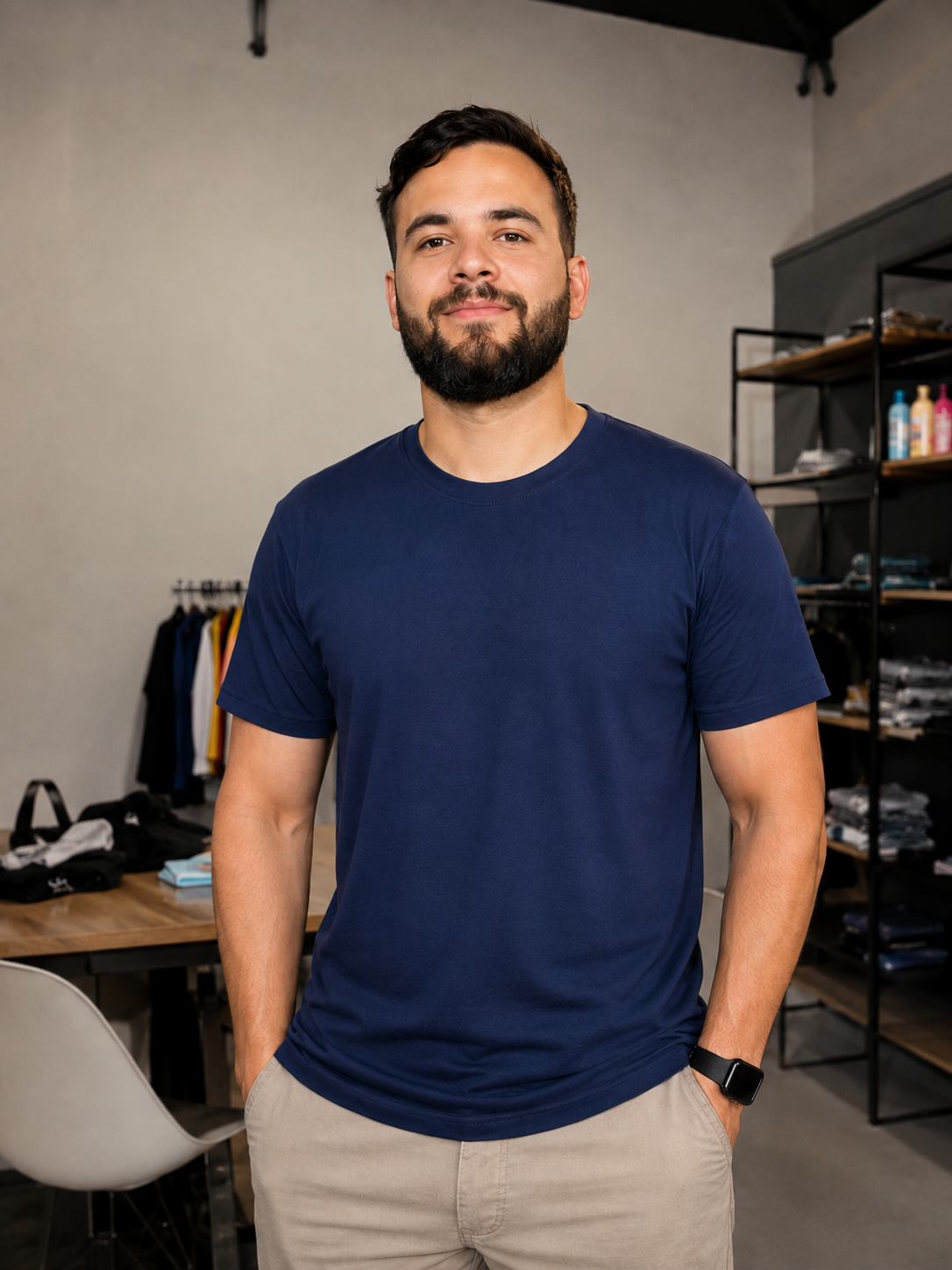 Homem vestindo camiseta lisa azul marinho com as mãos nos bolsos e calça bege